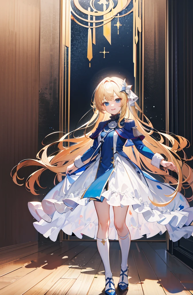 (Standing painting: 1.2) + (1girl:1.5)+ golden hair + princess cut + white knight uniform + detailed eyes and nose + deep blue eyes + white battle uniform + domineering, masterpiece, best quality,evil smile,holy,((the wood background)),