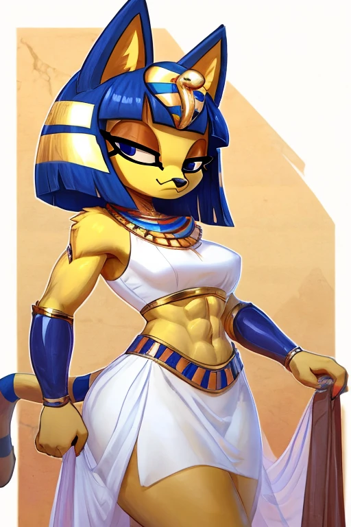 ((best quality)), ((masterpiece)), ((detailed)), ((furry)), trending on artstation, furry style, anthro style, a digital sideview artwork of a sexy ankha with abs wearing a crop top of her sleeveless white dress with very long white dress skirt, a bare midriff, a bare navel, and an exposed belly button, Egyptian setting, smug face, blue Egyptian blue handbands,