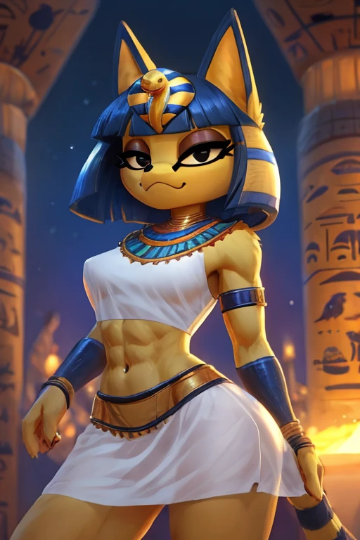 ((best quality)), ((masterpiece)), ((detailed)), ((furry)), trending on artstation, furry style, anthro style, a digital sideview artwork of a sexy ankha with abs wearing a crop top of her sleeveless white dress with very long white dress skirt, a bare midriff, a bare navel, and an exposed belly button, Egyptian setting, smug face, blue Egyptian blue handbands,
