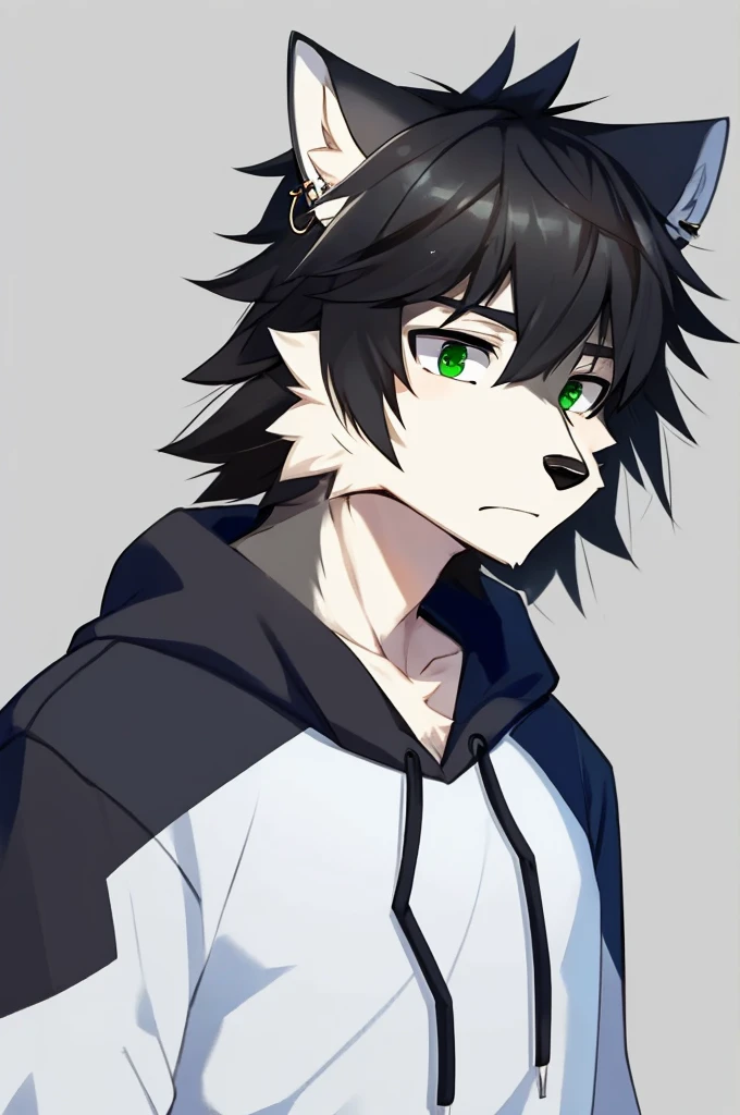 Wolf、Handsome、Messy Hair、Wearing a white hoodie、A tired face、Simple Background、Black Hair、Black Ear、Green Eyes、The whole body is visible、Looking this way、Earrings、Front view