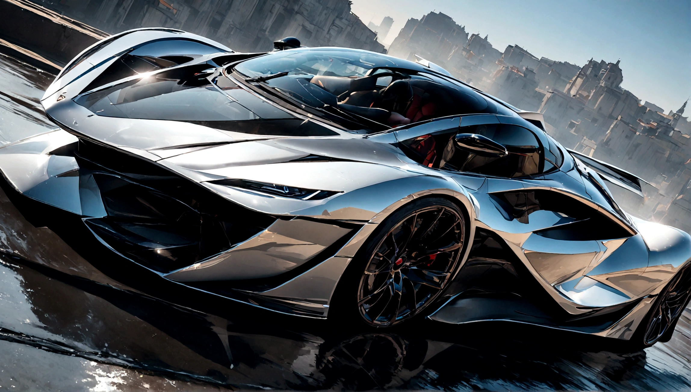 a detailed closeup of a sleek, futuristic supercar, highly reflective metallic body, intricate design elements, ultra-high-end luxury, dynamic camera angle, photorealistic, 8k, (best quality,4k,8k,highres,masterpiece:1.2),ultra-detailed,(realistic,photorealistic,photo-realistic:1.37),cinematic lighting, dramatic shadows, vibrant colors, wet and glossy surface, complex aerodynamic features, powerful engine, muscular frame, elegant curves, advanced technology