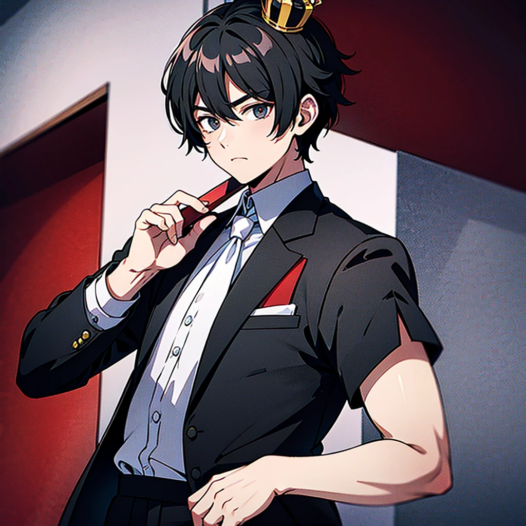 A Guy with Left Eye White & Right Eye Lime, BLACK Hair, BLACK Suit, Red Tie, Crown on Head and Sword in the Hand