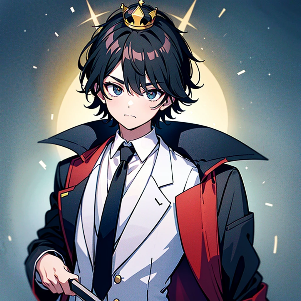 A Guy with Left Eye White & Right Eye Lime, BLACK Hair, BLACK Suit, Red Tie, Crown on Head and Sword in the Hand
