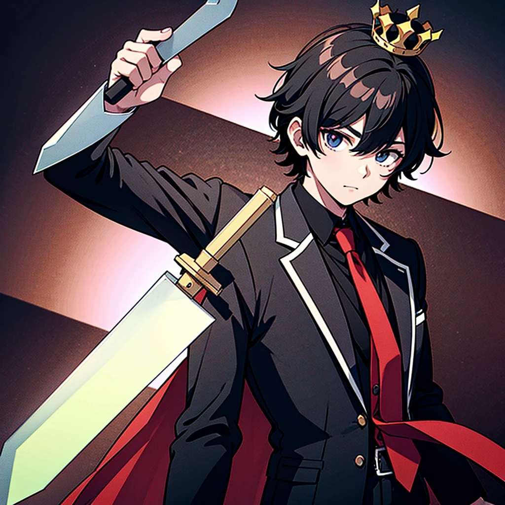 A Guy with Left Eye White & Right Eye Lime, BLACK Hair, BLACK Suit, Red Tie, Crown on Head and Sword in the Hand