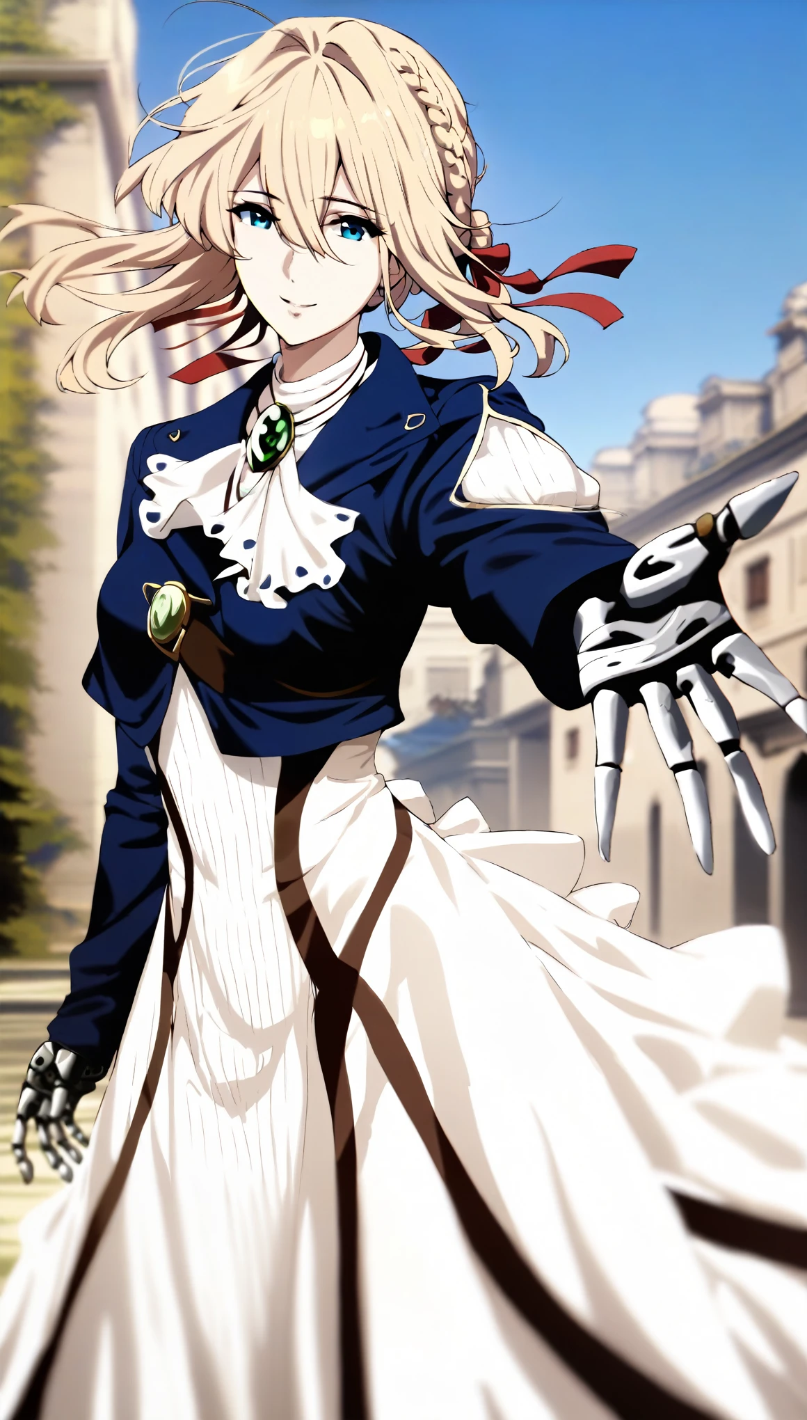 masterpiece, best quality, very aesthetic, absurdres, aave, braid, hair ribbon, red ribbon, jewelry, white ascot, brooch, blue jacket, long sleeves, mechanical hands, white dress, long dress, reaching out, outstretched arm, wind, smile, standing, cowboy shot, outdoors, looking at viewer,
