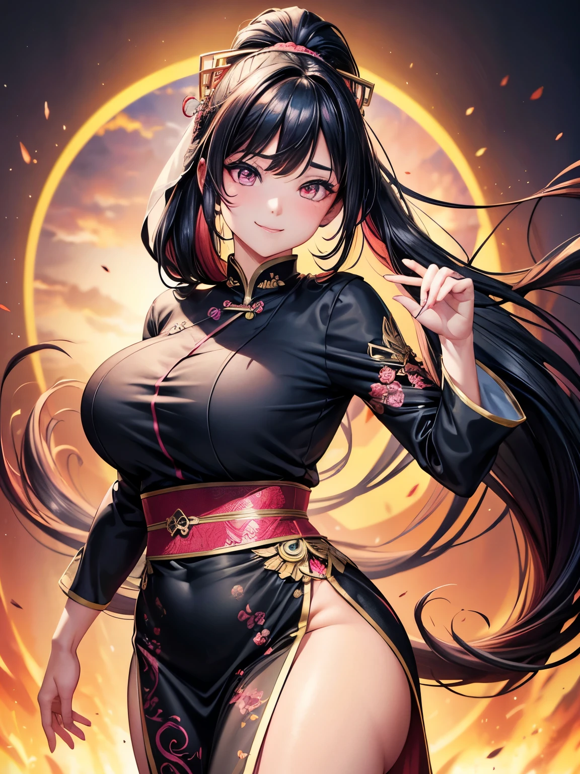 a 20 age chubby girl, your face has strong pink makeup, wearing a long black qipao,  darkgolden eyes, beautiful detailed eyes, sensual pose, suggestive pose, evil smile, very long hair, lightred hair, long ponytail hair, light and transparent veil filling with charm and seduction, stunning beautiful artwork, maximalist, by artgerm, 8k anime artwork, 8k photo, trending on artstation. looking at the viewer, masterpiece, best quality