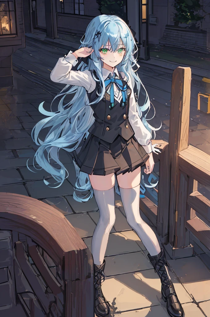 city background,original,(illustration:1.1),(best quality),(masterpiece:1.1),(extremely detailed CG unity 8k wallpaper:1.1), (colorful:0.9),(mid shot:0.95),(highly detailed beautiful face and body),(solo:1.2), (girl),(((adult))), (detailed beautiful eyes:1.15), (beautiful face:1.15), (glowing green eyes:1.25////),((jewel-like eyes)),(petite),(cute girl),(((blue long hair))),((blue long hair)),(wavy hair),((wavy hair)),(+perfect hand+:1.21),(gothic school uniform),(Religious),(slender),(black clothes),(gothic ribbon),ribbon tie,small breasts,miniskirt,gothic boots,black thighhighs,slim body,(evil smile),detailed background,city street,eluding,erotic thighs,