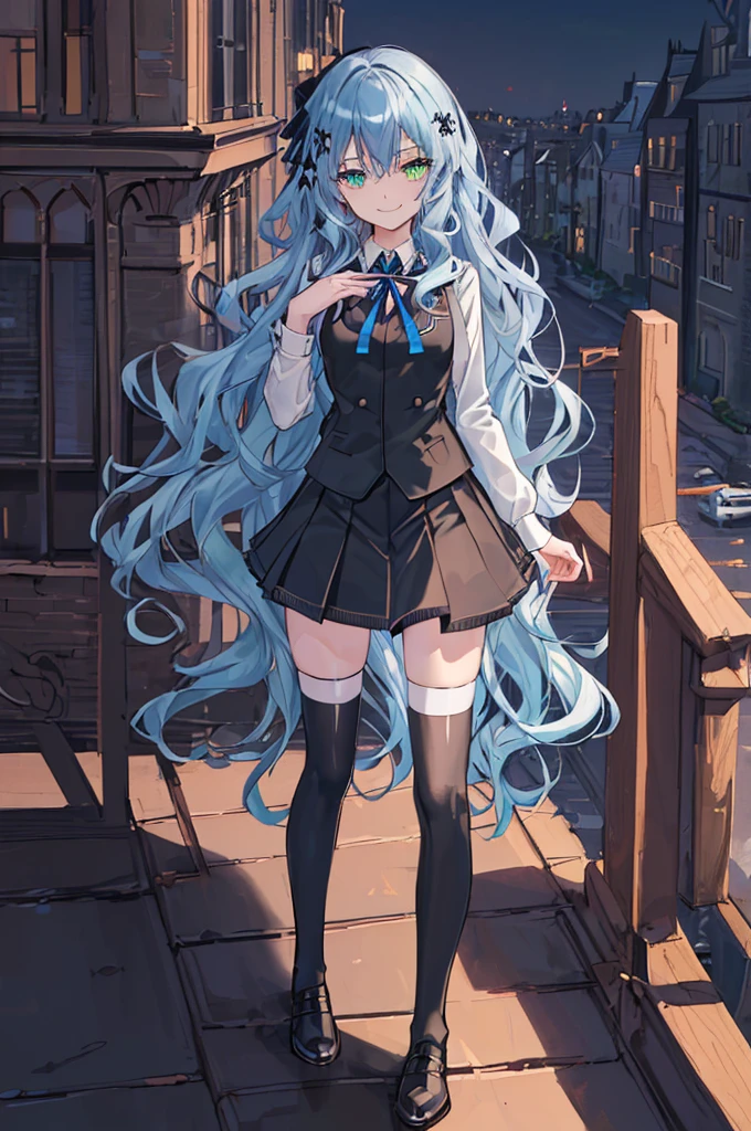 city background,original,(illustration:1.1),(best quality),(masterpiece:1.1),(extremely detailed CG unity 8k wallpaper:1.1), (colorful:0.9),(mid shot:0.95),(highly detailed beautiful face and body),(solo:1.2), (girl),(((adult))), (detailed beautiful eyes:1.15), (beautiful face:1.15), (glowing green eyes:1.25////),((jewel-like eyes)),(petite),(cute girl),(((blue long hair))),((blue long hair)),(wavy hair),((wavy hair)),(+perfect hand+:1.21),(gothic school uniform),(Religious),(slender),(black clothes),(gothic ribbon),ribbon tie,small breasts,miniskirt,gothic boots,black thighhighs,slim body,(evil smile),detailed background,city street,eluding,erotic thighs,