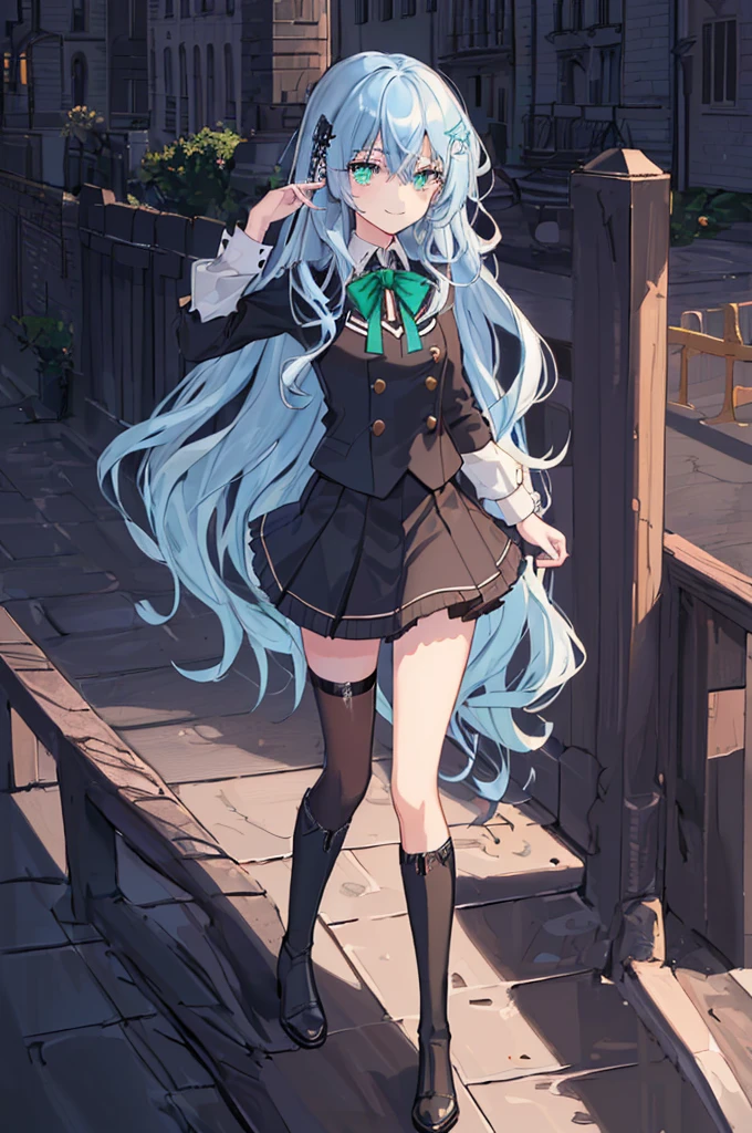 city background,original,(illustration:1.1),(best quality),(masterpiece:1.1),(extremely detailed CG unity 8k wallpaper:1.1), (colorful:0.9),(mid shot:0.95),(highly detailed beautiful face and body),(solo:1.2), (girl),(((adult))), (detailed beautiful eyes:1.15), (beautiful face:1.15), (glowing green eyes:1.25////),((jewel-like eyes)),(petite),(cute girl),(((blue long hair))),((blue long hair)),(wavy hair),((wavy hair)),(+perfect hand+:1.21),(gothic school uniform),(Religious),(slender),(black clothes),(gothic ribbon),ribbon tie,small breasts,miniskirt,gothic boots,black thighhighs,slim body,(evil smile),detailed background,city street,eluding,erotic thighs,