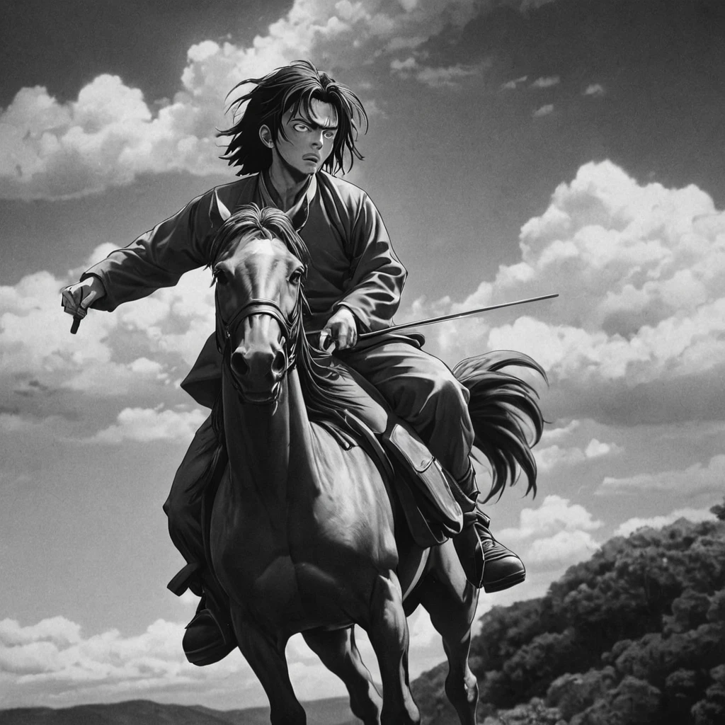 samurai, riding on top of a horse, (anime), bizarre scenario, Junji Ito, Yusuke Murata, black and white, 8k, anime, horror