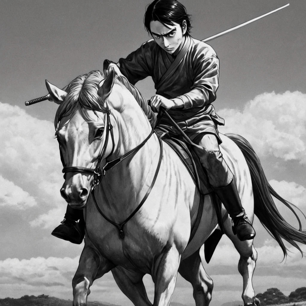 samurai, riding on top of a horse, (anime), bizarre scenario, Junji Ito, Yusuke Murata, black and white, 8k, anime, horror