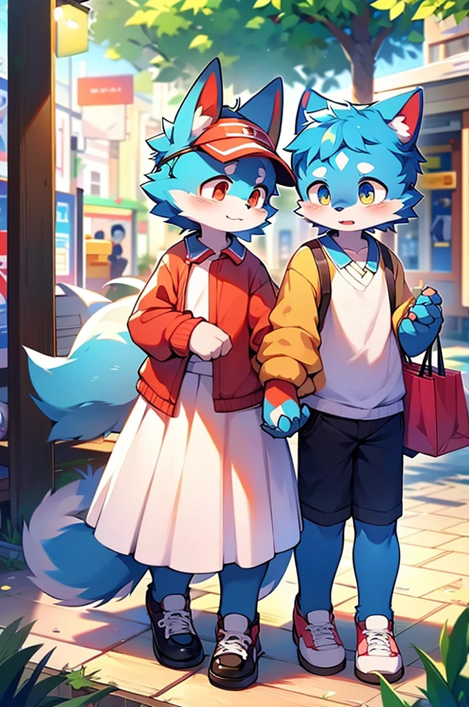 Blue fur, Canine, fox motif, Couple of girls and boys, uniform、Hand in hand,Both of them are crying,Shopping Mall Dating,