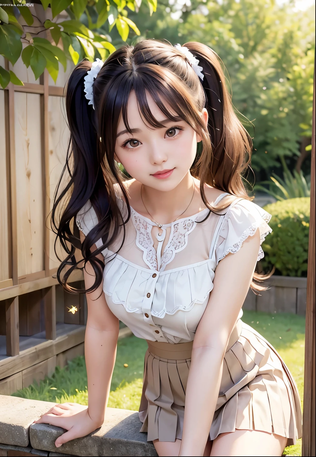 (highest quality,masterpiece:1.3,Ultra-high resolution),(Very detailed、Caustics) (Realistic:1.4, RAW shooting、)Ultra-Realistic Capture、Very detailed、Natural skin texture、masterpiece、(Japanese girl wearing a lace blouse and pleated skirt:1.3)、Adorable expression、Expressions of happiness、14 years old、height: 148cm、Young Face、Amazingly cute、Twin tail hairstyle、Curly Hair、Scrunchie、necklace、Black Hair、light makeup、Slightly large chest、Shining thighs、Shining ass、Private garden photoshoot、Background details、smile、An inviting gaze、Anatomically correct、Cowboy Shot、Attention to detail、Sexy and cute pose
