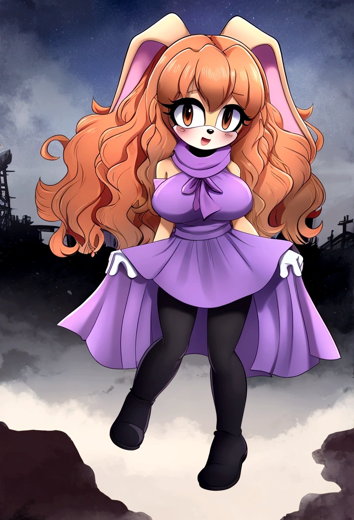 Adult Female, Mobian, Rabbit, Cream the Rabbit, sonic the hedgehog \(series\), rabbit girl, ((solo)), ((1girl)), ((hairstyles, long wavy hair with curtain side bangs, similar to Maria)), brown eyes, mad, young adult, dd cups sized breasts, hair on top of shoulders, long peach hair color that’s is wavy, wearing a blue anime styled scarf, wearing a red one piece, knee length tights, black boots, white gloves, in a dark apocalypse