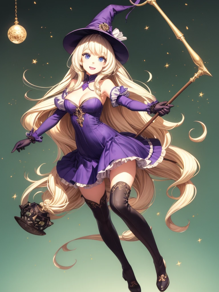 masterpiece, best quality, 1girl, solo, hat, blonde-hair, drill-hair, gloves, breasts, blue-eyes, witch-hat, thigh-boots, thighhighs, boots, elbow-gloves, open-mouth, staff, purple-headwear, smile, dress, full-body, simple-background, cleavage, large-breasts, looking-at-viewer, purple-dress, very-long-hair, purple-gloves, holding, purple-footwear, wand standing-on-one-leg, twin-drills, holding-staff, witch, black-footwear, puffy-sleeves
