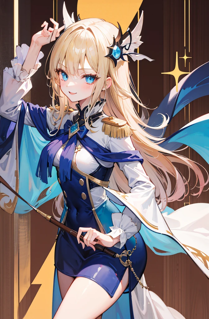 (Standing painting: 1.2) + (1girl:1.5)+ golden hair + princess cut + white knight uniform + detailed eyes and nose + deep blue eyes + white battle uniform + domineering, masterpiece, best quality,evil smile,holy,((the wood background)),adult,