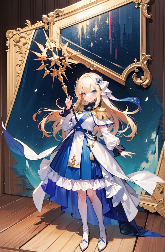 (Standing painting: 1.2) + (1girl:1.5)+ golden hair + princess cut + white knight uniform + detailed eyes and nose + deep blue eyes + white battle uniform + domineering, masterpiece, best quality,evil smile,holy,((the wood background)),adult,