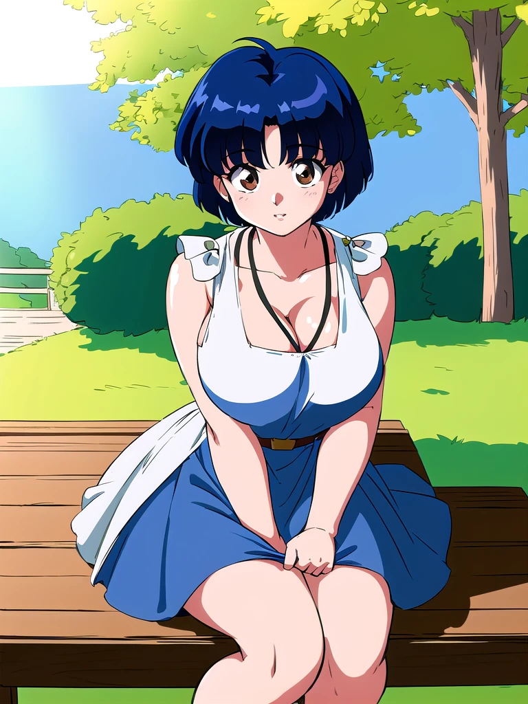 HDR, CG, sharp focus, (8k), (4k), masterpiece, best quality, detailed skin, extremely detailed, hiper detailed, sharp focus, looking at viewer, high quality, AKANE, Akane tendou, short hair, blue hair, brown eyes ,curtain pelvic DRESS, tetas grandes bush, solo, 1girl, sit on bench, park background, hands on chest, heels, white dress,