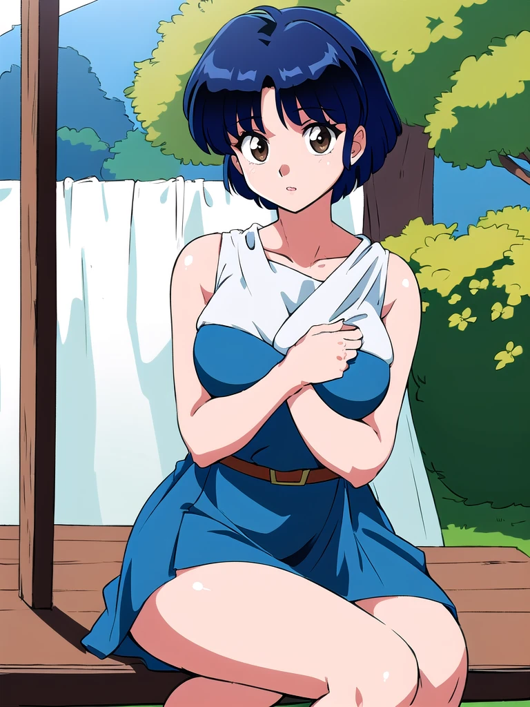 HDR, CG, sharp focus, (8k), (4k), masterpiece, best quality, detailed skin, extremely detailed, hiper detailed, sharp focus, looking at viewer, high quality, AKANE, Akane tendou, short hair, blue hair, brown eyes ,curtain pelvic DRESS, tetas grandes bush, solo, 1girl, sit on bench, park background, hands on chest, heels, white dress,
