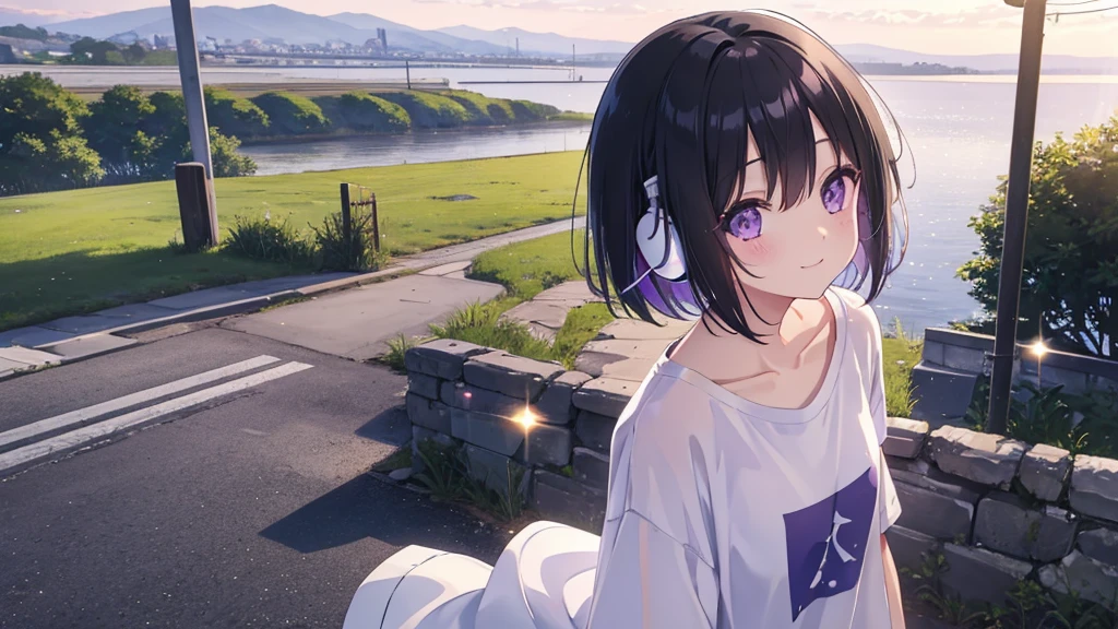 Masterpiece、Beautiful light、landscape、pastel colour、dream-like、I put on headphones、pretty girl、Black Hair、Bob Hair、Droopy eyes、Purple eyes、White T-shirt、Shorts、smile、Happy、Transparency、Cool feeling、Sparkling、