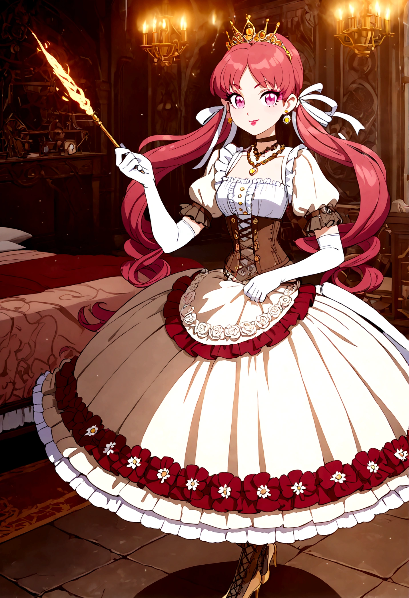 (best quality,4k,8k,highres,masterpiece:1.2),ultra-detailed, Pretty 15 years old princess, drawn in anime style, is cute and happy, long red pigtails hair, pink eyes, small breast, makeup and lipstick, steampunk, red and white ball gown with puffy sleeves, physically-based rendering,gorgeous frilly dress design,flowing gown,elaborate lace details,rich textures,contrast stitching,delicate ribbon bows,floral accents, daisy flowers embroidery, full skirt,short sleeves,fitted waistline,flared cuffs,lace-up back,luxurious fabrics,flawless silhouette, petticoat, bloomers, bustle, corset, hair ribbons, white elbow gloves, ruby earrings and necklace, gold tiara, high heels, holding a fire magic wand, standing in castle bedroom, highly detailed, 4K.