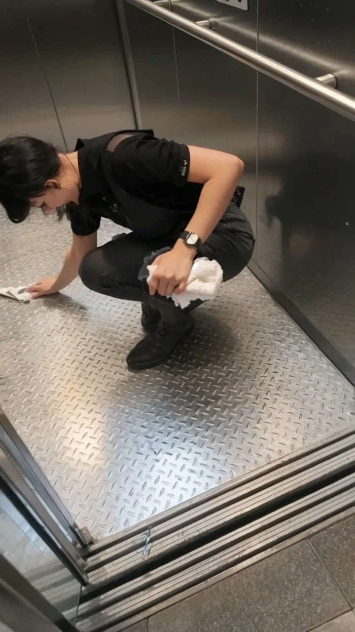 Beautiful girl cleaning the elevator