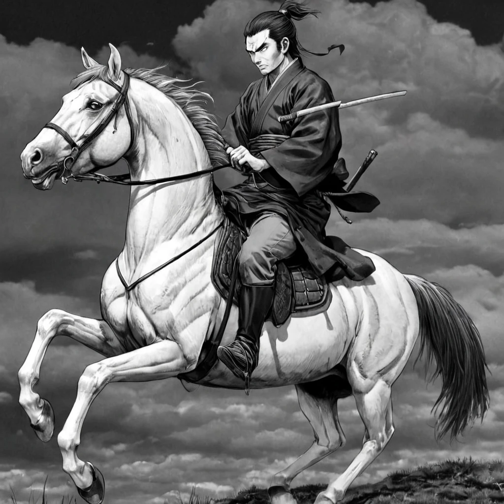 1samurai, riding on top of a horse, (anime), bizarre scenario, Junji Ito, Yusuke Murata, black and white, 8k, anime, horror