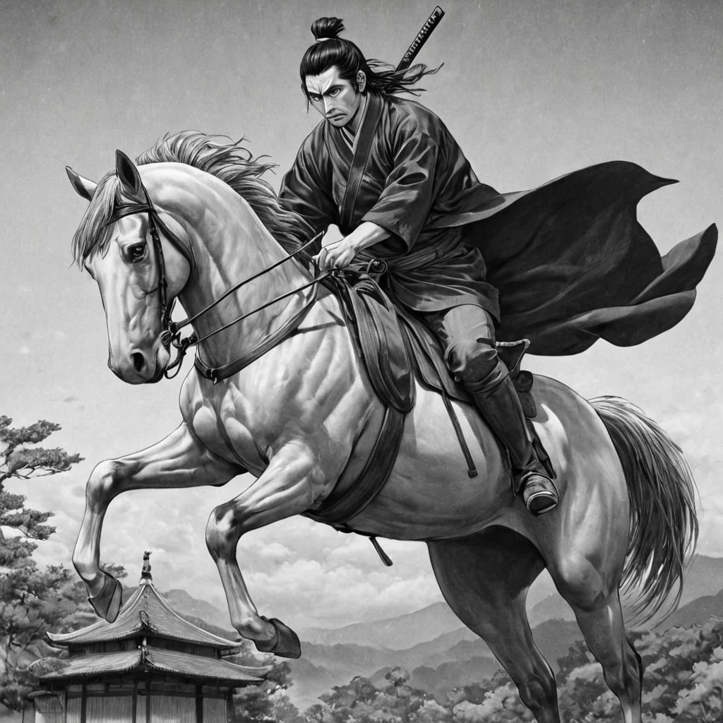 1samurai, riding on top of a horse, (anime), bizarre scenario, Junji Ito, Yusuke Murata, black and white, 8k, anime, horror