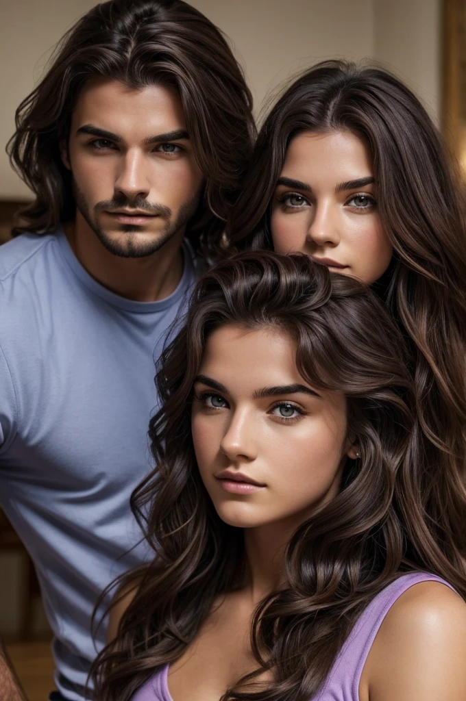 Hombre lobo alfa marcando a su Omega una chica , 19 years old with deep violet eyes, wavy brown hair, rostro Redondo y expresivo.