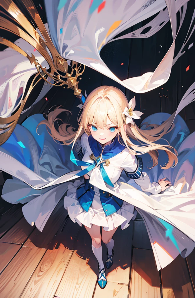 (Standing painting: 1.2) + (1girl:1.5)+ golden hair + princess cut + white knight uniform + detailed eyes and nose + deep blue eyes +  white battle uniform + domineering, masterpiece, best quality,evil smile,holy,((the wood background)),adult,
