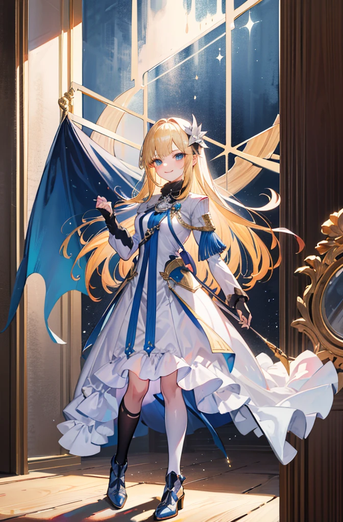 (Standing painting: 1.2) + (1girl:1.5)+ golden hair + princess cut + white knight uniform + detailed eyes and nose + deep blue eyes + white battle uniform + domineering, masterpiece, best quality,evil smile,holy,((the wood background)),adult,