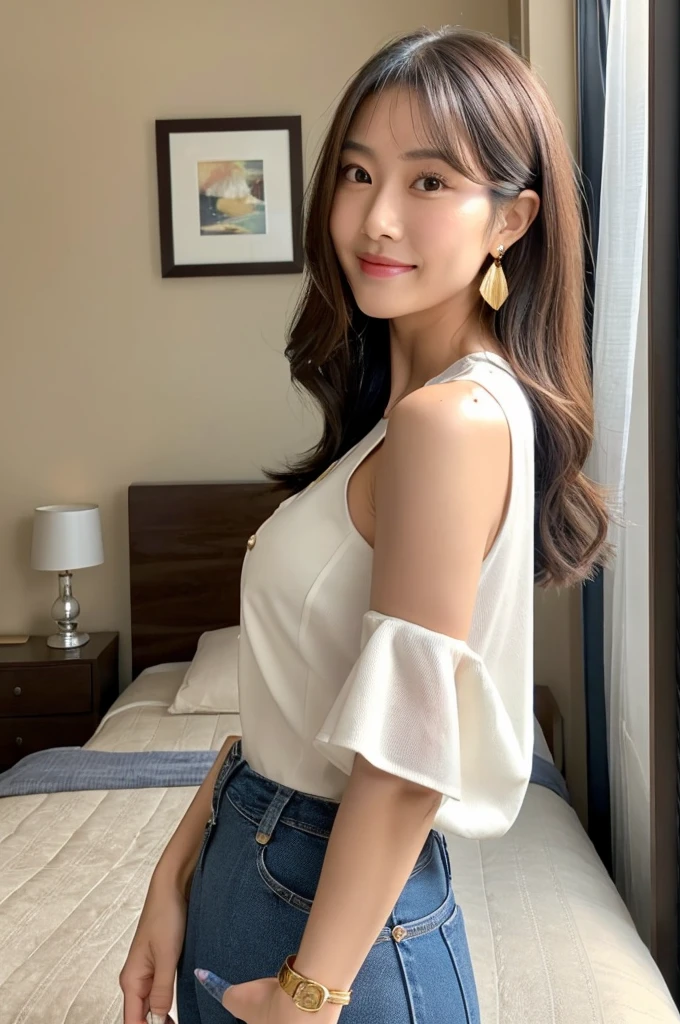The jeans accentuate her hip,Lover's room,Apartment manager,((full body)),((photo)),((best qualtiy, 8K, tmasterpiece:1.3)), Focus:1.2, perfect figure beautiful woman:1.4,1woman,cowboy shot,look at viewer,incredibly absurd, beautiful and cute woman with a photorealistic face, showcasing top-quality craftsmanship, A Japanese woman inspecting the equipment in her room, 31 years old, shoulder-length, medium-long brown hair, wavy and shiny, with bangs, round face, big brown eyes, soft smile, neat eyebrows, small nose, plump lips, white skin, smooth skin, healthy complexion, healthy, glamorous, large butt, 157cm tall, G-cup breasts, white blouse, dark blue jeans, beige vest, small gold earrings, silver watch, pretty older woman, beautiful, married woman, neat, cute voice, calm, kind, responsible, curious, Gentleman, May