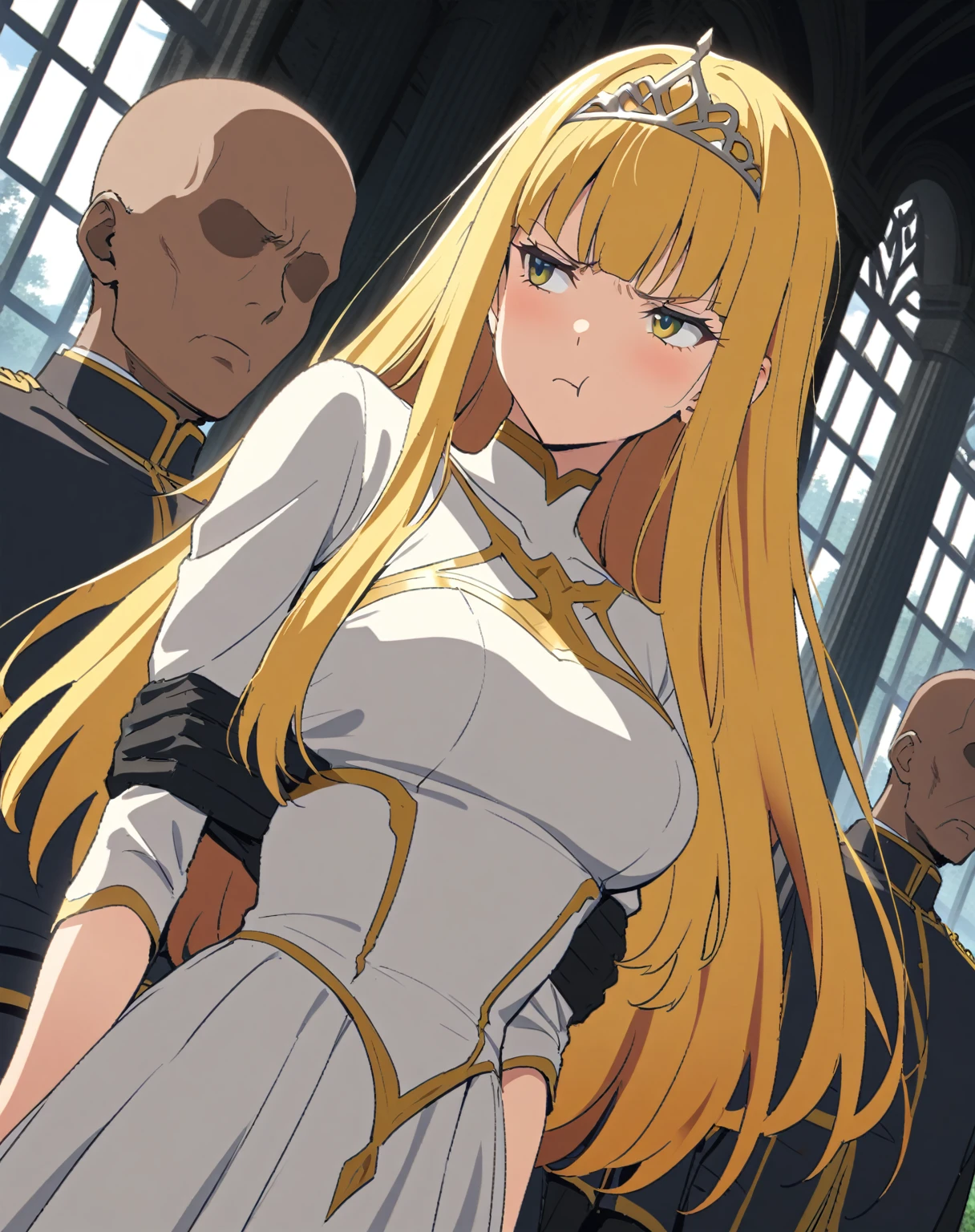 {{portrait, dutch angle}} {{Artist: Sincos}} 1 woman, 2 guards on either side restraining her, 2 men wearing armor, mature female, elegant, princess, medium breasts, straight hair, golden hair, long hair, hime cut, green eyes, white dress, gold trim, tiara, looking to side, pout, restrained by two men, faceless male, outdoors, garden, palace, cloudy, moonlight, window.