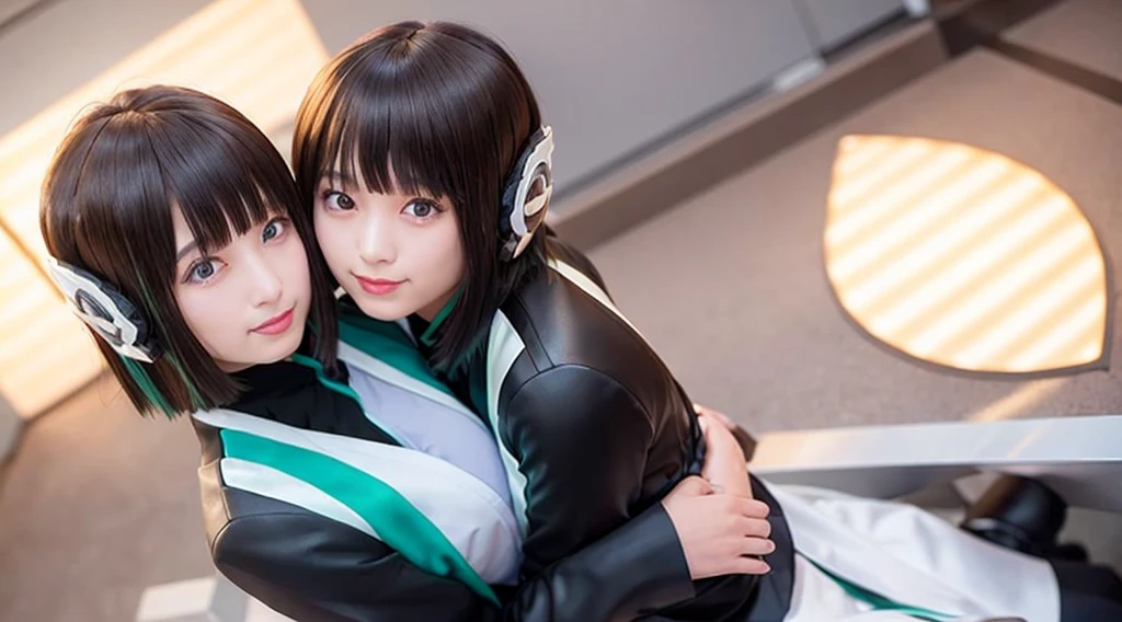 two beautiful young women hugging each other in a studio shot stock photo, two girls, two beautiful women in love, woman holding another woman, beautiful gemini twins portrait, lesbian embrace, cute girls, lesbians, two women, two models in the frame, portrait of women embracing, beautiful gemini twins, young girls, 2girl, twin, hug each other, two same girl, selfcest, twins, izu, izu_uniform, humagear, humagear_headset, headphone, realistic, skirt, jacket, solo, sitting, best quality, photorealistic, masterpiece, 8k, high res, solo, (((woman))), (very breast), ((looking at the viewer with face)), (looking at the camera:1), (short hair), bob hair, (professional lighting, bokeh),top angle view, extremely detailed face, fashionable and trendy atmosphere, japan, street, tokyo, factory, ((daytime)), (portrait:0.6), seductive and smile, gorgeous, floating hair, (light particles, lens flare, glowing particles:0.6), (dynamic pose:1.2), soft lighting, black hair, full body, smile, camera, blue eye, pantyhose, black nail
