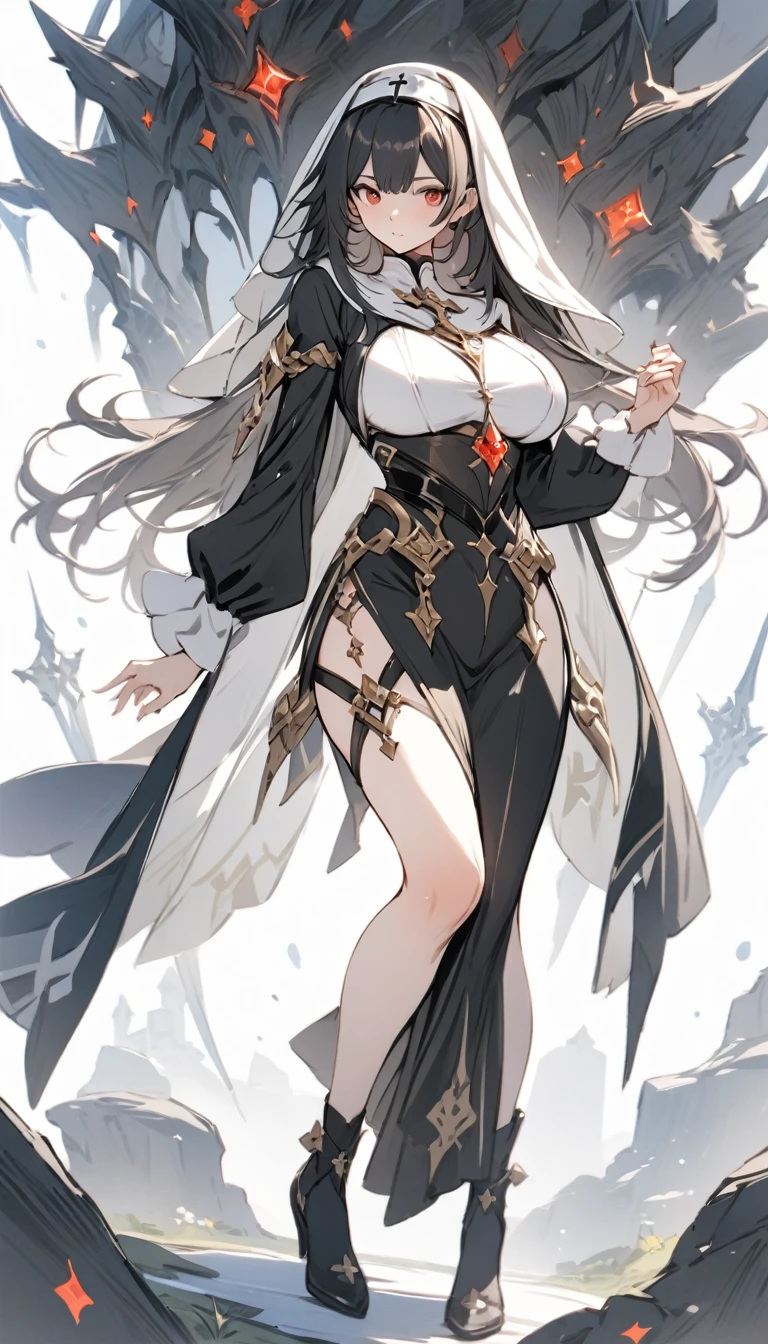 ((masterpiece)), ((best quality)), ((high resolution)), full body, standing, white backgroun, fantasy, genshin clothes, genshin outfit, fantasy theme, large breast, nun, red eyes,