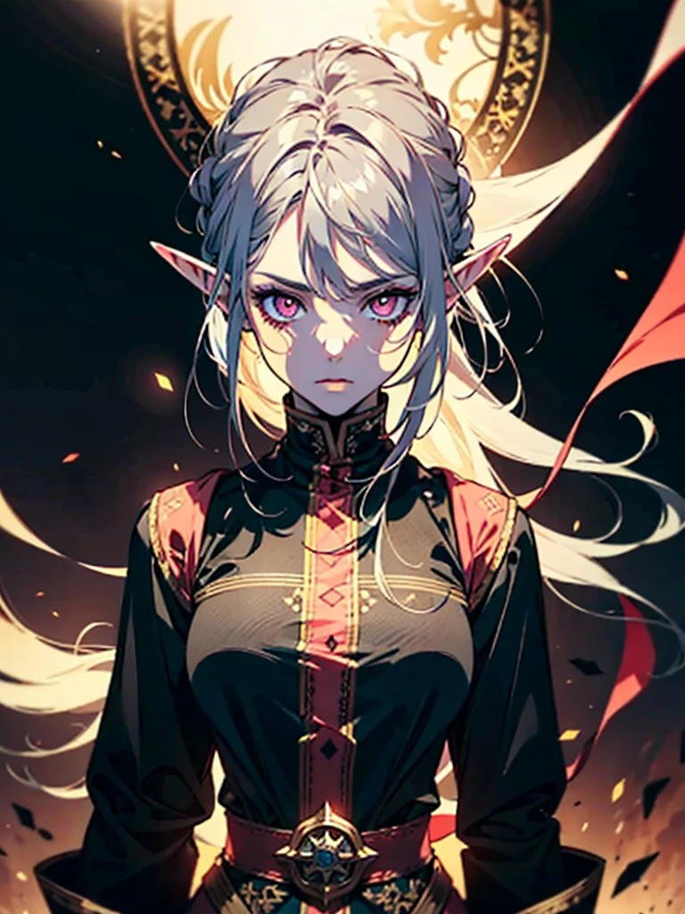 Elf Girl, Girl with Gray hair, pink eyes, neon eyes, shining eyes, standing, medieval dress looking at viewer, digital art, masterpiece, sharp, black background, close look, no background, portrait,