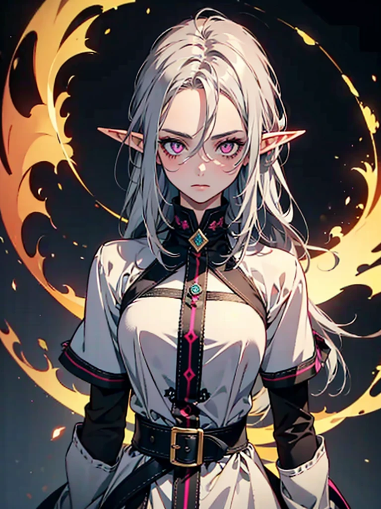Elf Girl, Girl with Gray hair, pink eyes, neon eyes, shining eyes, standing, medieval dress looking at viewer, digital art, masterpiece, sharp, black background, close look, no background, portrait,
