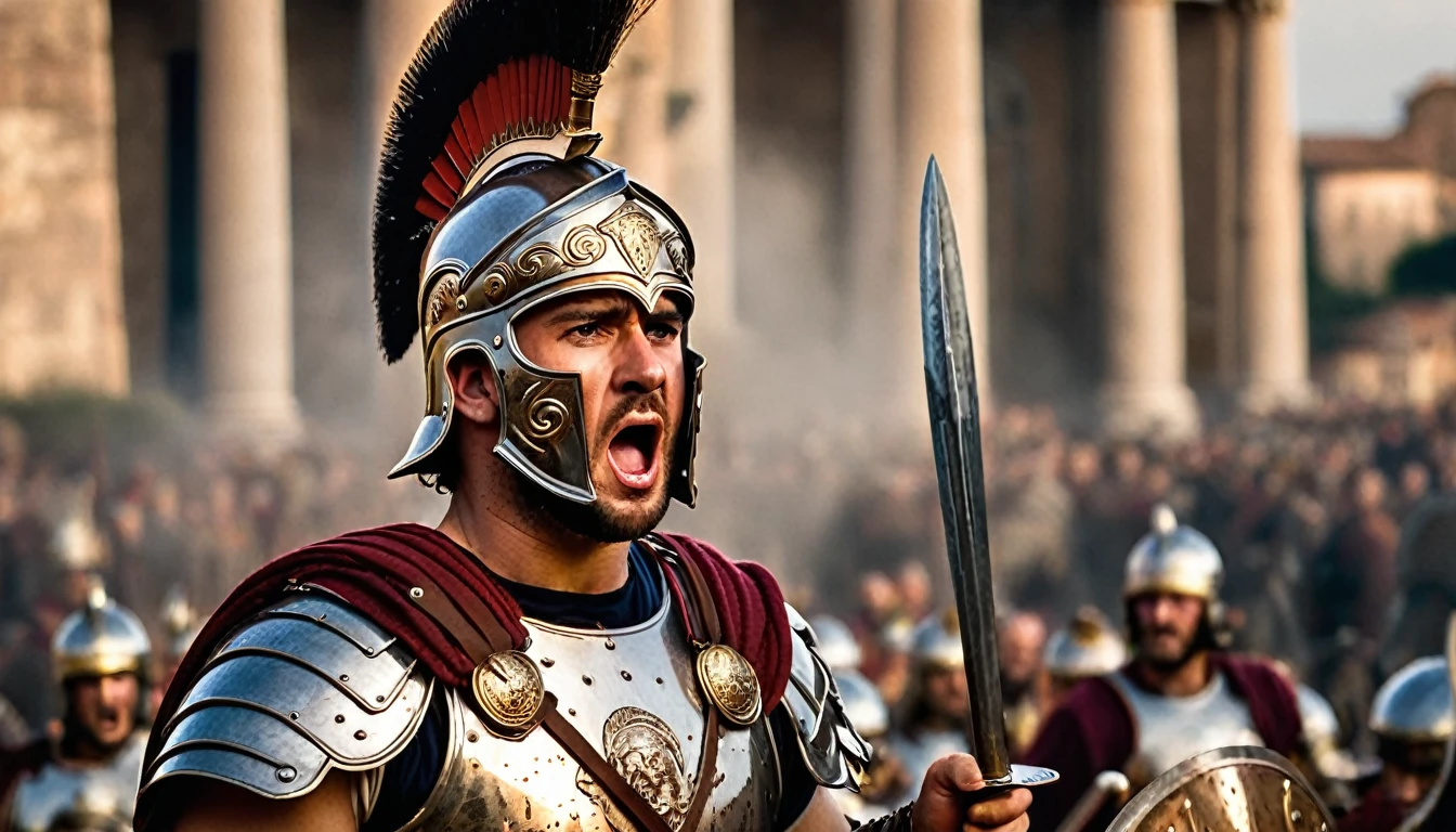 An inspiring cinematic photo of a 30-year-old young man dressed as a Roman soldier, personifying the ancient Roman Empire. His intricate metallic armor shines in the sunlight, adorned with symbols of Roman power and victory. The soldier's face is etched with terror as he holds his sword and shield with fierce determination, in a duel against a ferocious enemy. The background depicts a chaotic battle with the Gauls, revealing a distant city and the emblem of the 15th Legion of the Roman Army. The atmosphere is rich with historical authenticity, intense drama, and the weight of life-and-death stakes., photo, cinematic