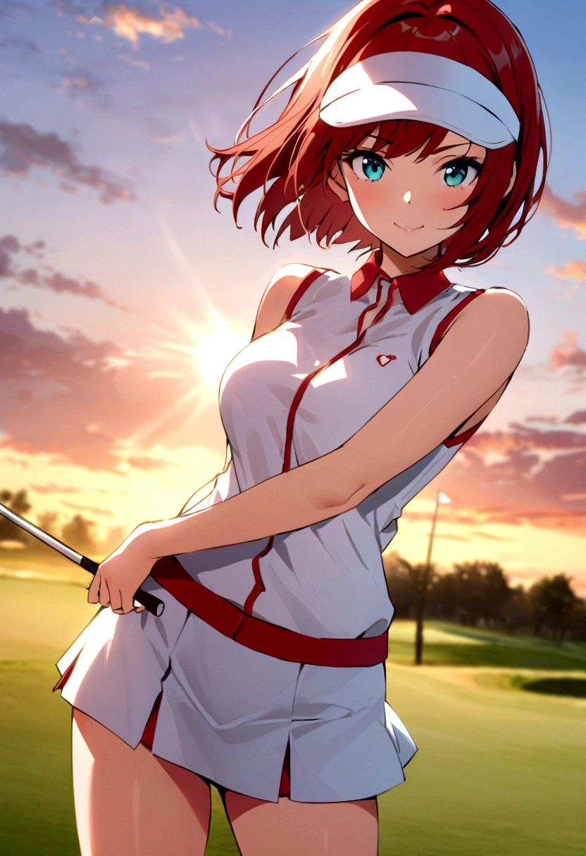 sound　high resolution　8k beauty　Woman playing golf　Golf course　Beautiful woman　Bobcut　Red hair　　Golf Wear　mini skirt　smile　　looking at the camera　nice shot　No sleeve　Sun visor