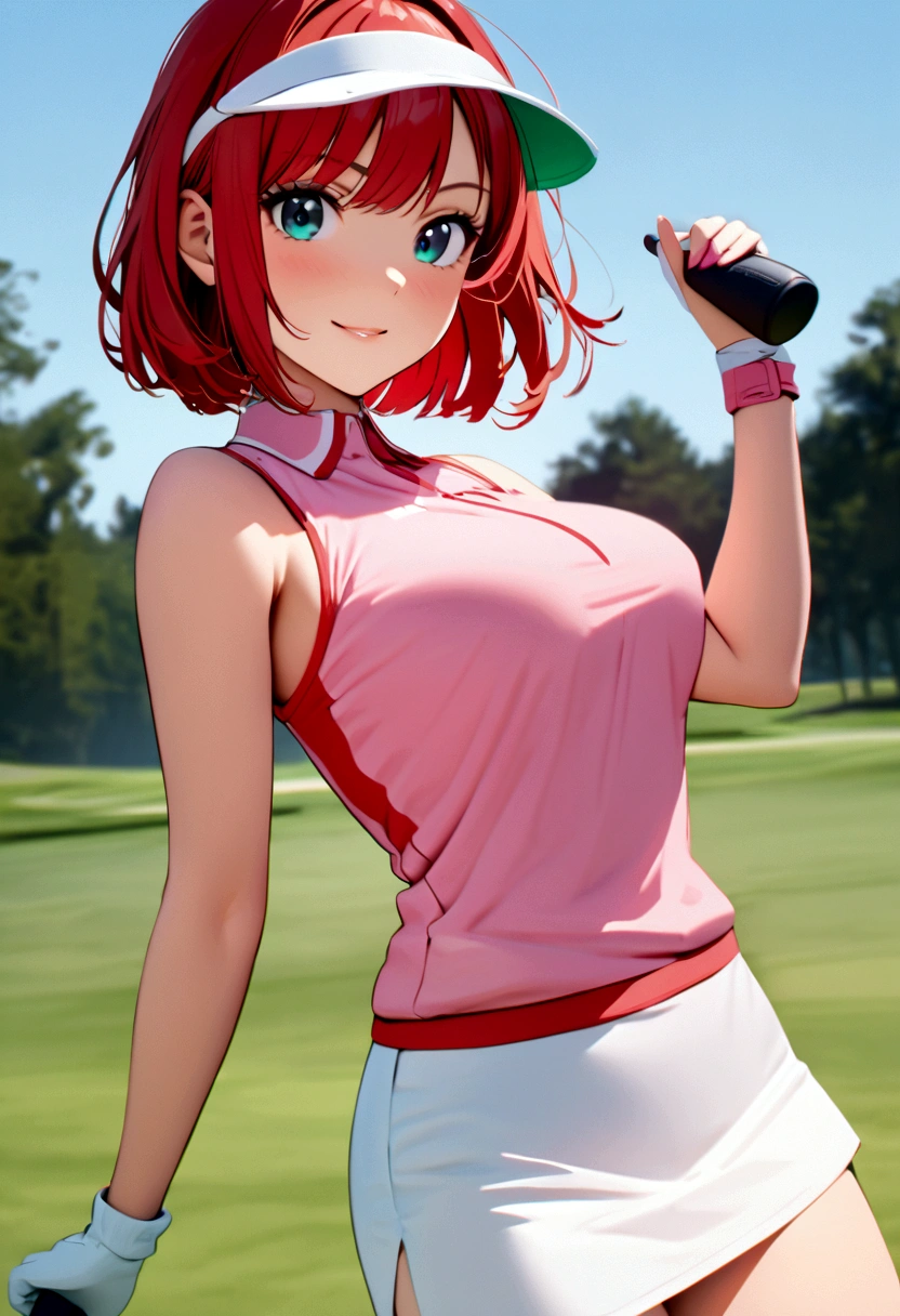 sound high resolution 8k beauty Woman playing golf Golf course Beautiful woman Bobcut Red hair Golf Wear mini skirt smile looking at the camera nice shot No sleeve Sun visor