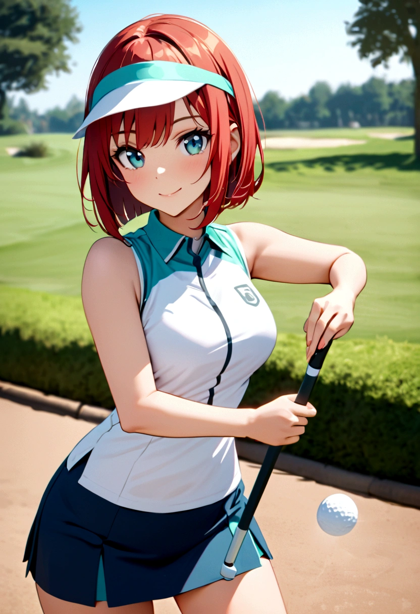 sound　high resolution　8k beauty　Woman playing golf　Golf course　Beautiful woman　Bobcut　Red hair　　Golf Wear　mini skirt　smile　　looking at the camera　nice shot　No sleeve　Sun visor