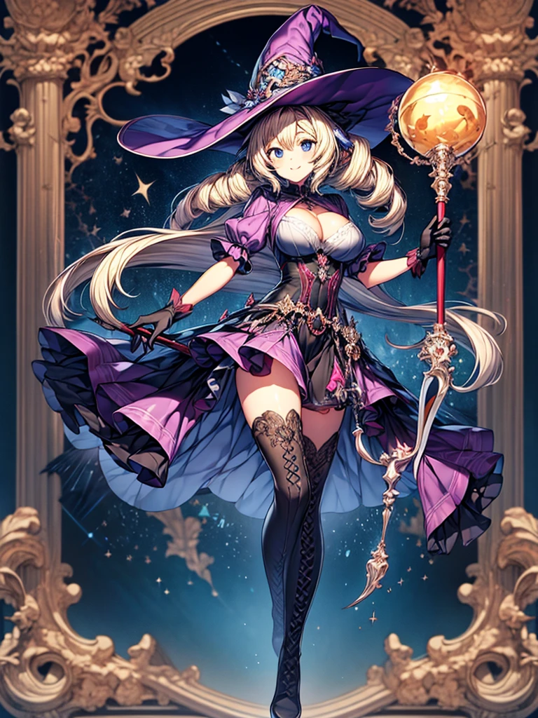 masterpiece, best quality, 1girl, solo, hat, blonde-hair, drill-hair, gloves, breasts, blue-eyes, witch-hat, thigh-boots, thighhighs, boots, elbow-gloves, open-mouth, staff, purple-headwear, smile, dress, full-body, simple-background, cleavage, large-breasts, looking-at-viewer, purple-dress, very-long-hair, purple-gloves, holding, purple-footwear, wand standing-on-one-leg, twin-drills, holding-staff, witch, black-footwear, puffy-sleeves
