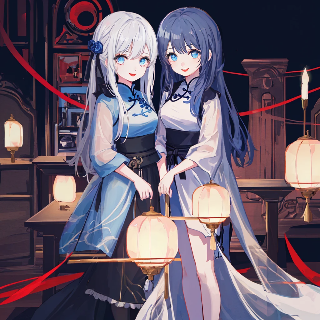 1 girl in、adult,Black Long Hair、blue eye、Looking at the camera、delicate finger、beautiful ilumination、black blue chinese dress、red lipstick,smile、((white background))、(High resolution of the highest quality)、((Masterpieces of the highest quality:1.2)),in the meeting room,standing,loli,