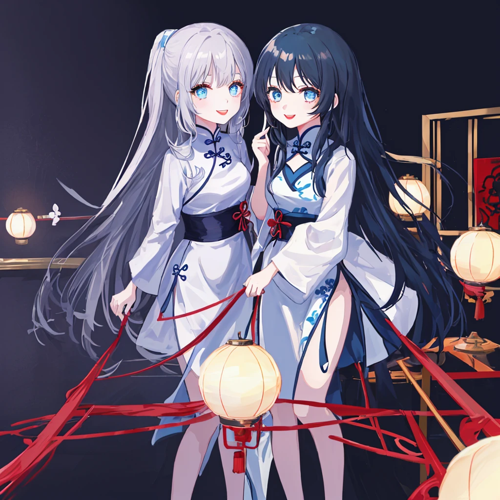 1 girl in、adult,Black Long Hair、blue eye、Looking at the camera、delicate finger、beautiful ilumination、black blue chinese dress、red lipstick,smile、((white background))、(High resolution of the highest quality)、((Masterpieces of the highest quality:1.2)),in the meeting room,standing,,