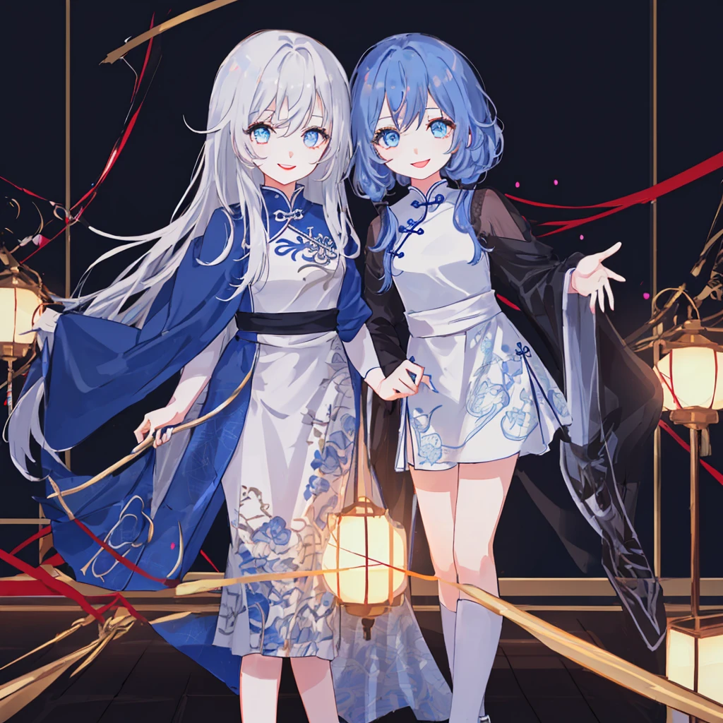 1 girl in、adult,Black Long Hair、blue eye、Looking at the camera、delicate finger、beautiful ilumination、black blue chinese dress、red lipstick,smile、((white background))、(High resolution of the highest quality)、((Masterpieces of the highest quality:1.2)),in the meeting room,standing,,
