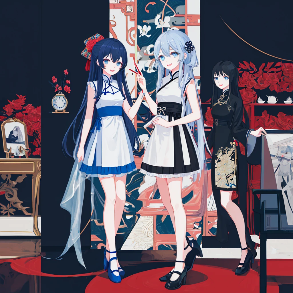 1 girl in、adult,Black Long Hair、blue eye、Looking at the camera、delicate finger、beautiful ilumination、black blue chinese dress、red lipstick，smile、((white background))、(High resolution of the highest quality)、((Masterpieces of the highest quality:1.2)),in the meeting room,standing,loli,