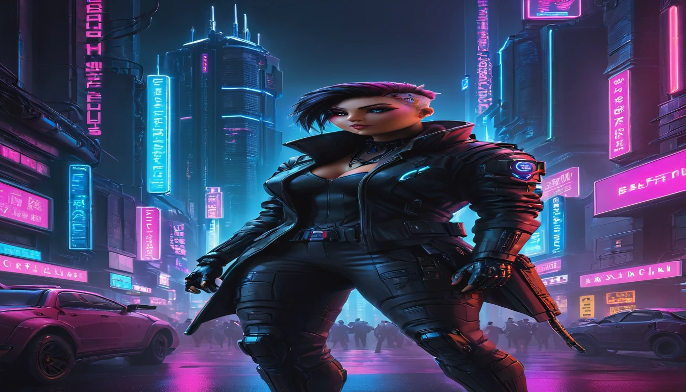 dark cyberpunk illustration of brutal Cyberpunk streets in a world without hope, ruled by ruthless criminal corporation, best quality, high resolution, skyscrapers, futuristic, neon lights, high contrast, highly detailed, vibrant colors