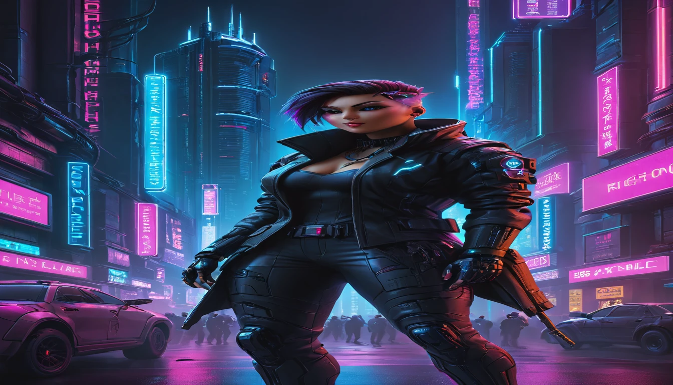 dark cyberpunk illustration of brutal Cyberpunk streets in a world without hope, ruled by ruthless criminal corporation, best quality, high resolution, skyscrapers, futuristic, neon lights, high contrast, highly detailed, vibrant colors