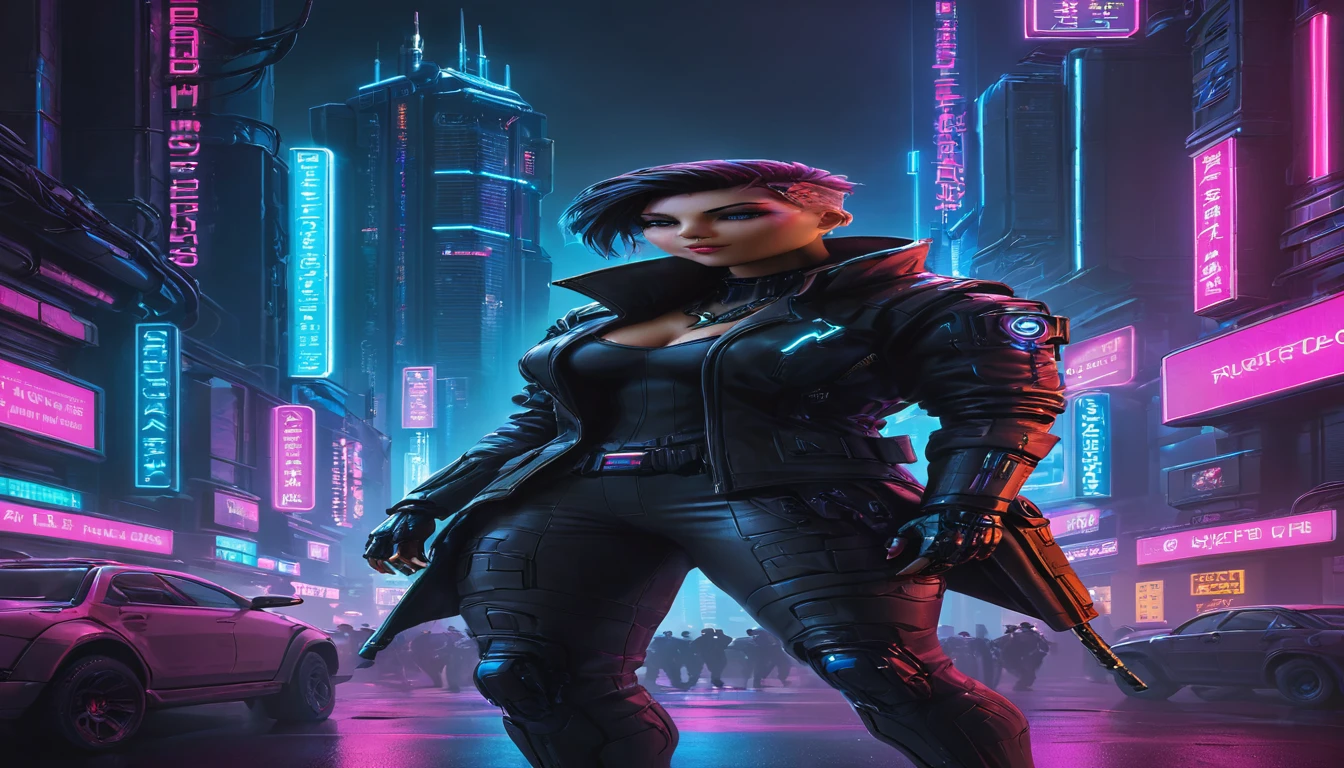 dark cyberpunk illustration of brutal Cyberpunk streets in a world without hope, ruled by ruthless criminal corporation, best quality, high resolution, skyscrapers, futuristic, neon lights, high contrast, highly detailed, vibrant colors