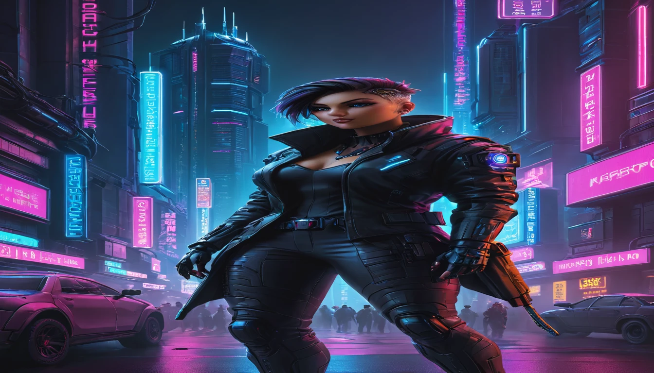 dark cyberpunk illustration of brutal Cyberpunk streets in a world without hope, ruled by ruthless criminal corporation, best quality, high resolution, skyscrapers, futuristic, neon lights, high contrast, highly detailed, vibrant colors